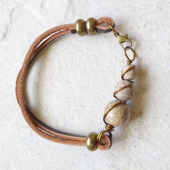 Chunky Graduated Picture Jasper + Genuine Rawhide Bracelet! Rustic Rugged Femme - Picture 2 of 6